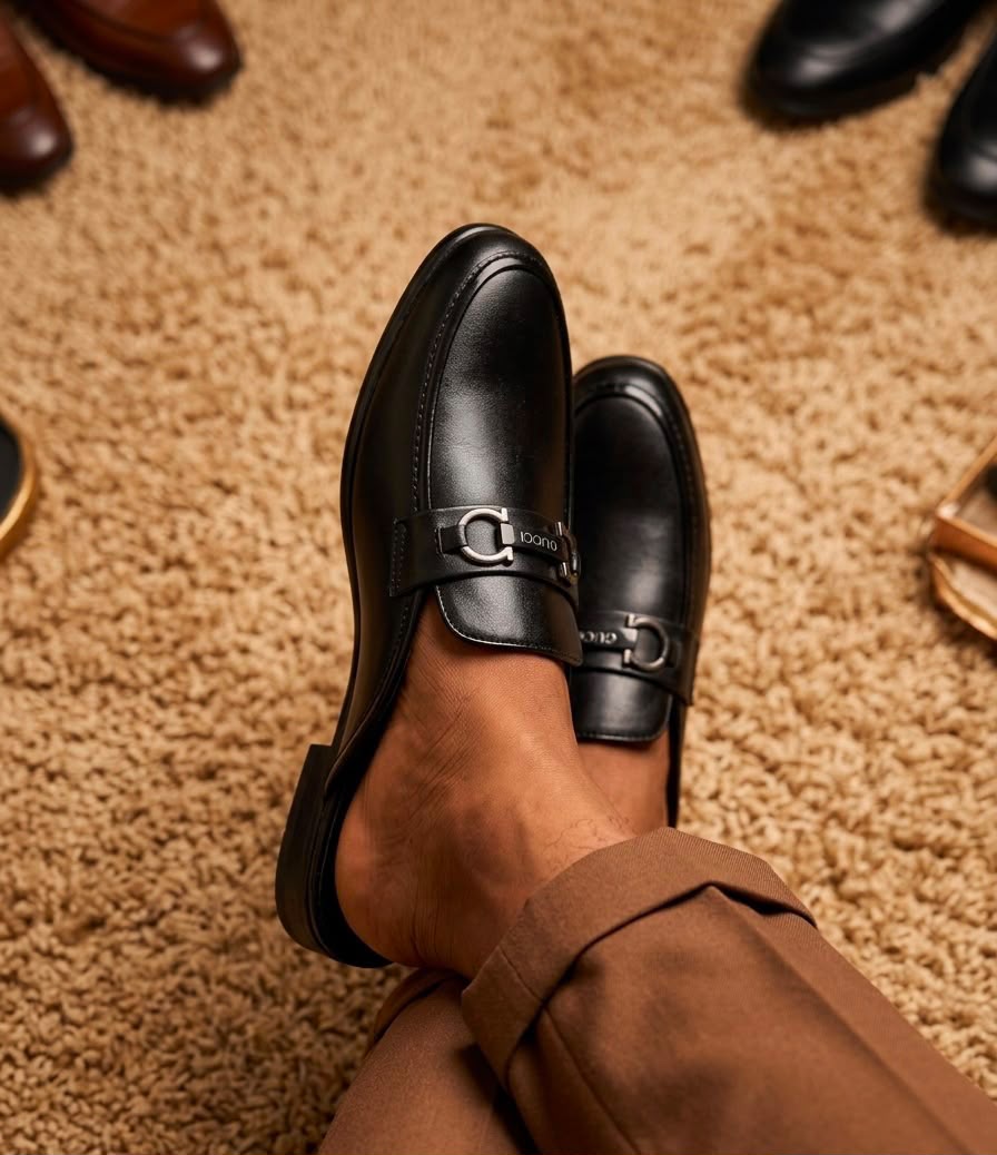 Gucci black leather horsebit loafers / Princetown-style mules