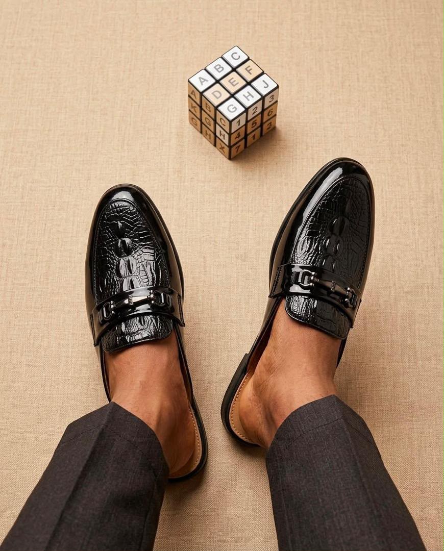 Gucci black crocodile-embossed patent leather horsebit loafers / mules