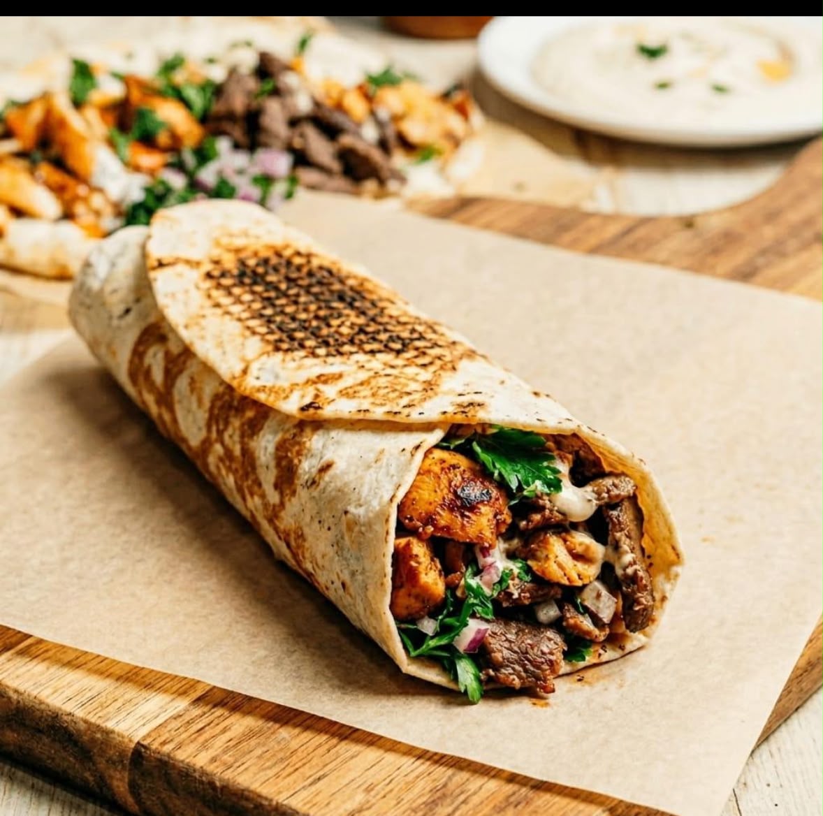 Beef shawarma with one hot dog