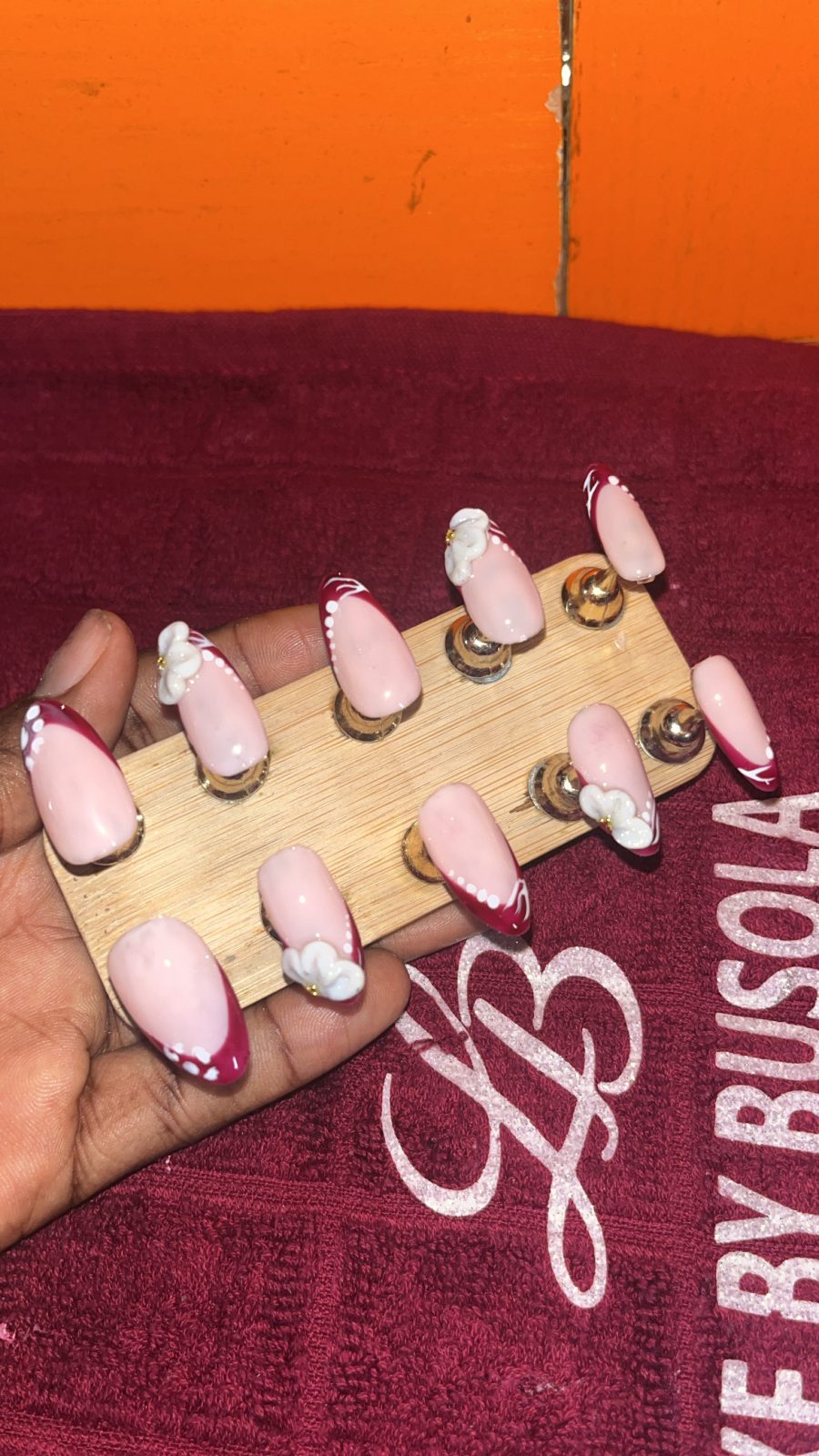 Burgundy French Tip Floral Press-On Nails