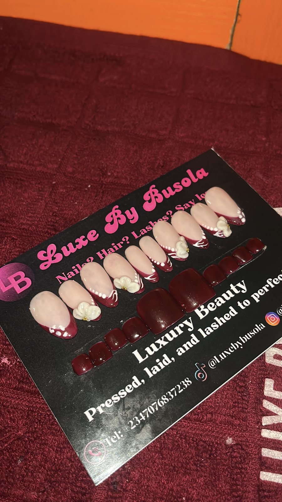 Burgundy French Tip Floral Press-On Nails