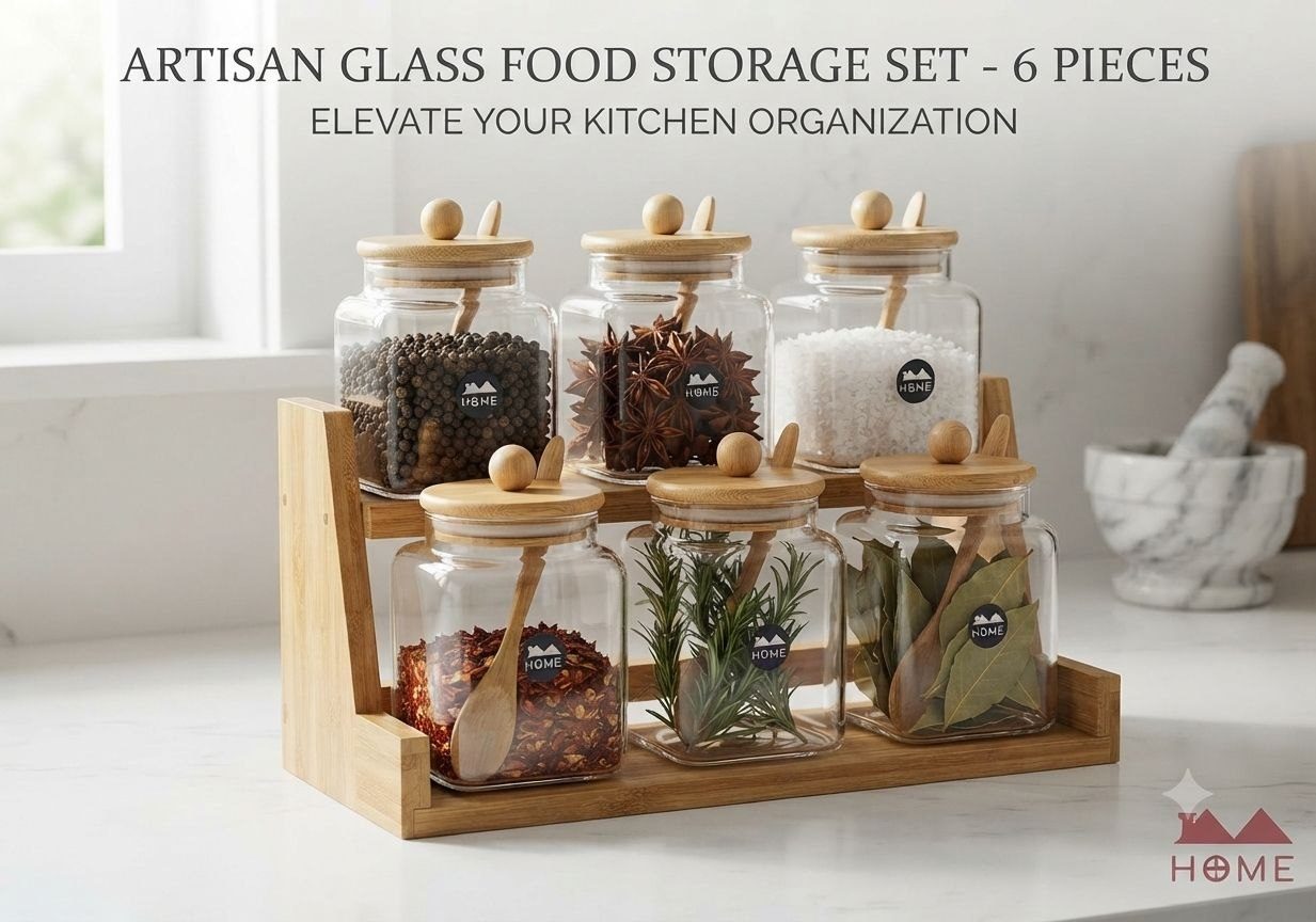 6 Pieces Glass Storage with Wooden Rack